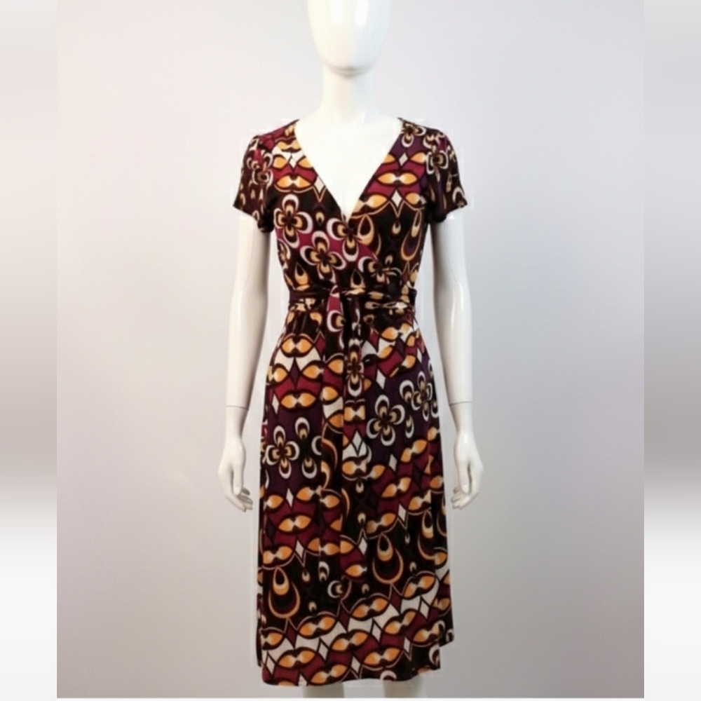 Bisou Bisou  WRAP DRESS size 6 Michele Bohbot Stretch Knit Abstract Geom…